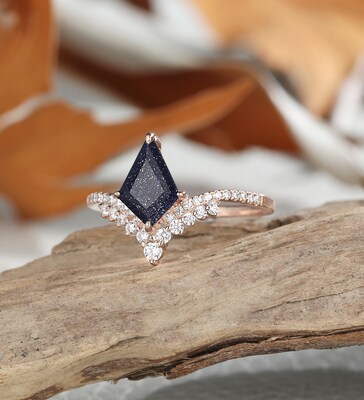 Kite cut blue sandstone engagement ring, rose gold ring, moissanite personalized ring, cubic zirconia wedding ring, promise valentines gifts - image2